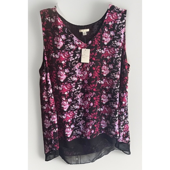 Cato Tops - Cato 1946 Top XL Pink Blk Floral Sleeveless V Neck Layered Loose Flowy NWT